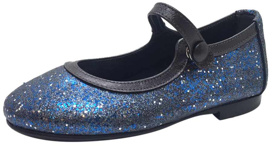 Papanatas by Eli Girl's Blue Charcoal Grey Trim Sparkle Mary Janes Button Flats