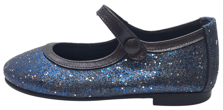 Papanatas by Eli Girl's Blue Charcoal Grey Trim Sparkle Mary Janes Button Flats