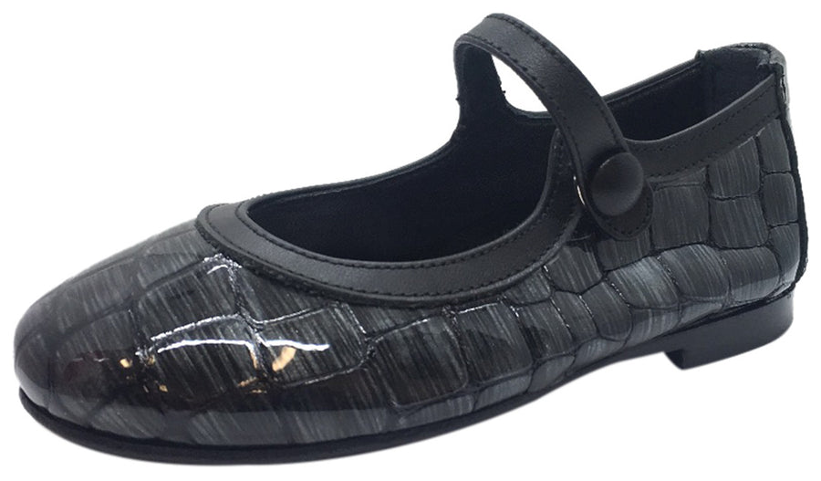 Papanatas by Eli Girl's Patent Leather Charcoal Grey Design Mary Janes Button Flats
