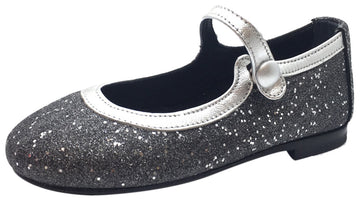 Papanatas by Eli Girl's Charcoal Grey Silver Trim Sparkle Mary Janes Button Flats
