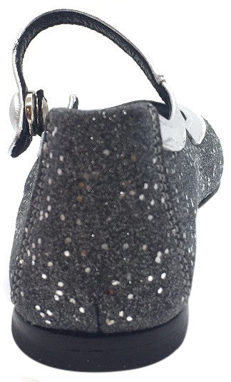 Papanatas by Eli Girl's Charcoal Grey Silver Trim Sparkle Mary Janes Button Flats