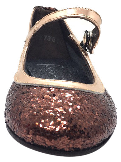 Papanatas by Eli Girl's Copper Brown Brass Trim Sparkle Mary Janes Button Flats
