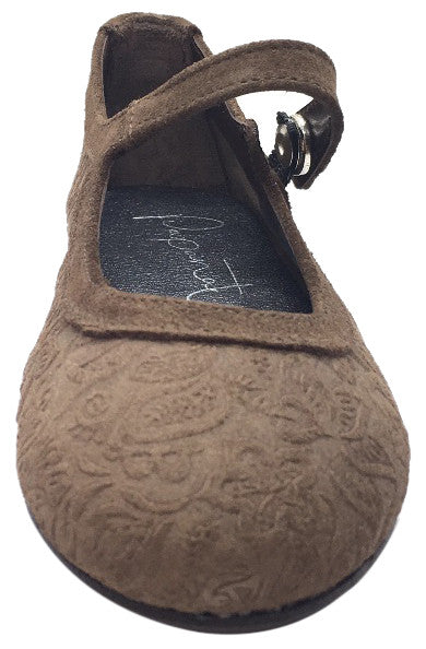 Papanatas by Eli Girl's Light Brown Suede Floral Design Mary Janes Button Flats