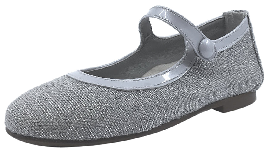 Papanatas by Eli Girl's Silver Metallic Linen with Patent Trim Mary Jane Flats