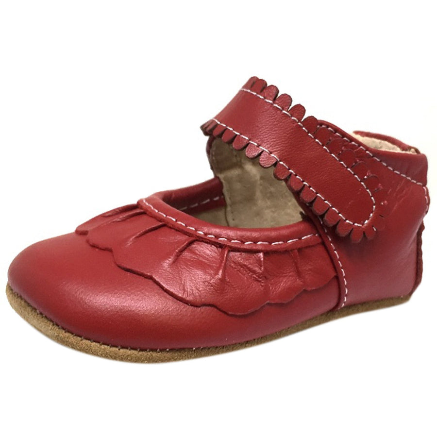 Livie & Luca Girl's Ruche Ruffled Leather Hook and Loop Mary Jane Shoe Red