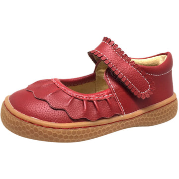 Livie & Luca Girl's Scarlet Ruche Ruffled Leather Hook and Loop Mary Jane Shoe Red