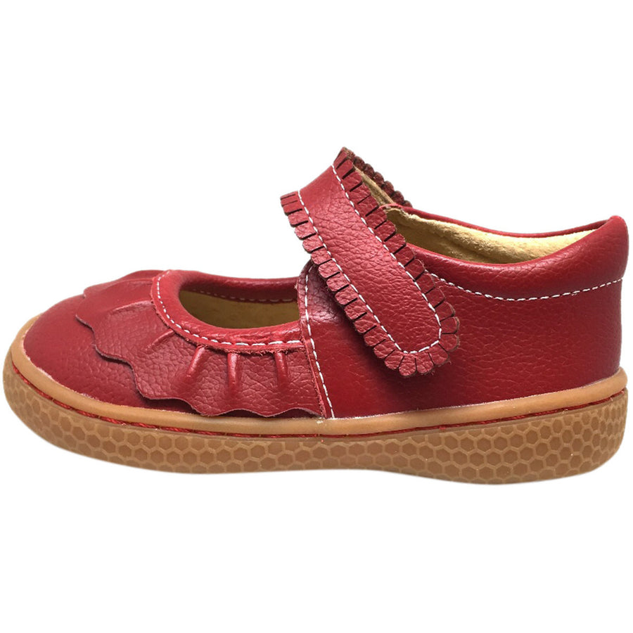 Livie & Luca Girl's Scarlet Ruche Ruffled Leather Hook and Loop Mary Jane Shoe Red
