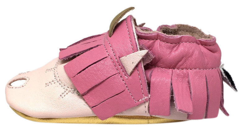 Shooshoos Girl's Soft Leather Pink Fringe Slip On Elastic Fun Unicorn Character Baby Crib Shoe