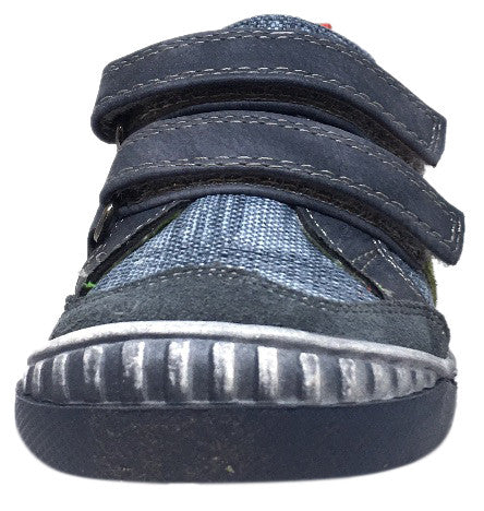 Beeko Boy's Zaan II Denim and Navy Leather Double Hook and Loop Strap Sneaker Shoe