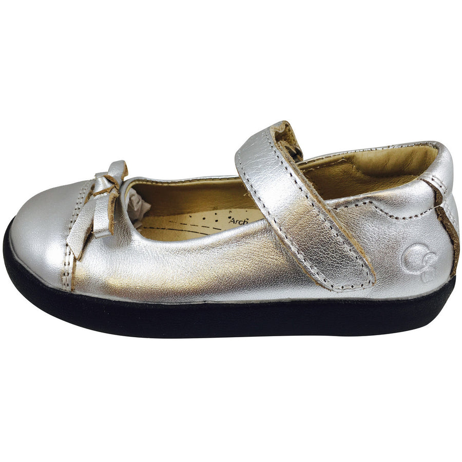 Old Soles Girl's 313 Sista Flat Silver Leather with Black Sole Hook and Loop Mary Jane Flats