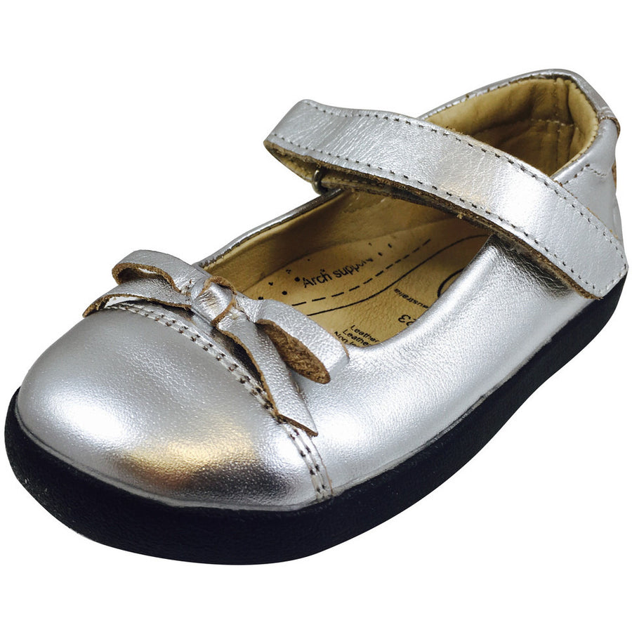 Old Soles Girl's 313 Sista Flat Silver Leather with Black Sole Hook and Loop Mary Jane Flats