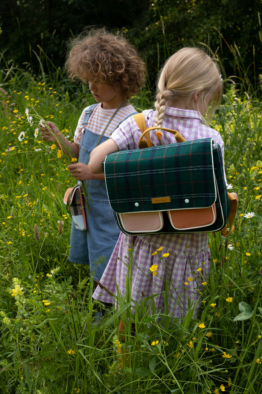 Sticky Lemon Wanderer School Bag, Forest Green Checks