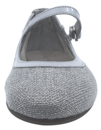 Papanatas by Eli Girl's Silver Metallic Linen with Patent Trim Mary Jane Flats