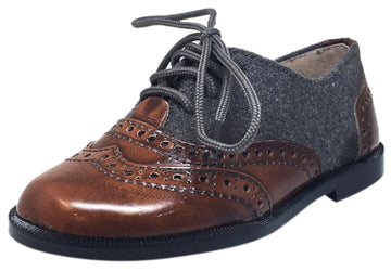 Hoo Shoes Boy's and Girl's Abe's Wingtip Brown Leather Grey Felt Flannel Lace Up Oxford Loafer Shoes
