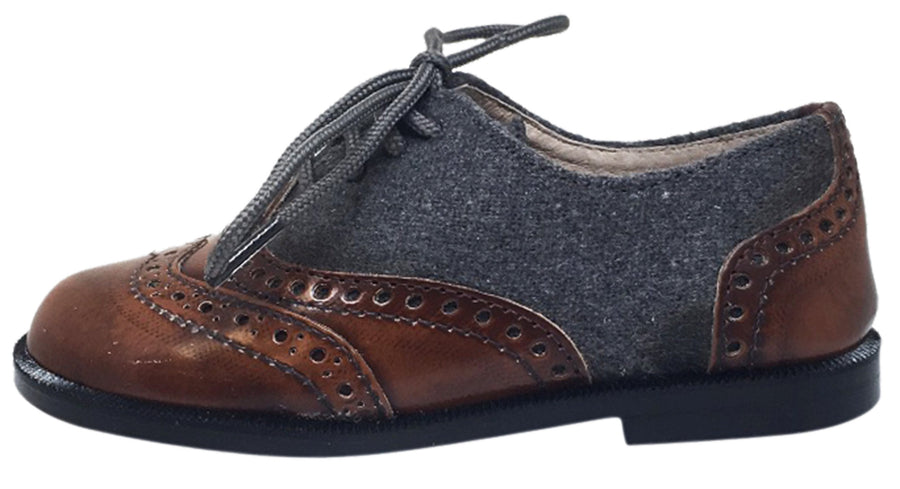 Hoo Shoes Boy's and Girl's Abe's Wingtip Brown Leather Grey Felt Flannel Lace Up Oxford Loafer Shoes