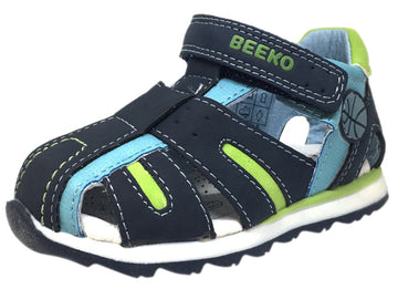 Beeko Boy's Eagle II Navy and Green Leather Single Hook and Loop Strap Fisherman Athletic Sandal
