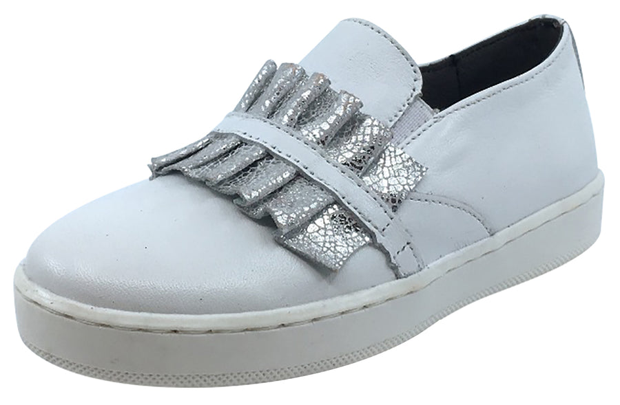 BluBlonc Girl's White Leather with Silver Snake Print Ruffle Sneaker Shoe