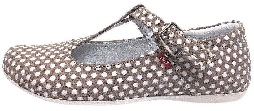 Emel Girl's Polka Dot Light Tan Leather T-Strap Mary Jane Shoe