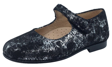 Hoo Shoes Hoova Girl's Mary Jane, Black/Silver Metallic Marble