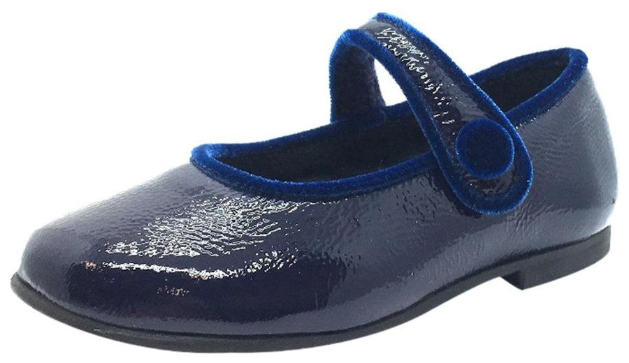 Luccini Girl's Navy Patent Crinkle Leather Mary Jane Flats with Trim