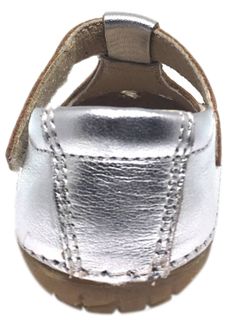 Old Soles Girl's Pave Petal Silver Leather T-Strap Hook and Loop Floral Mary Jane Walking Shoe