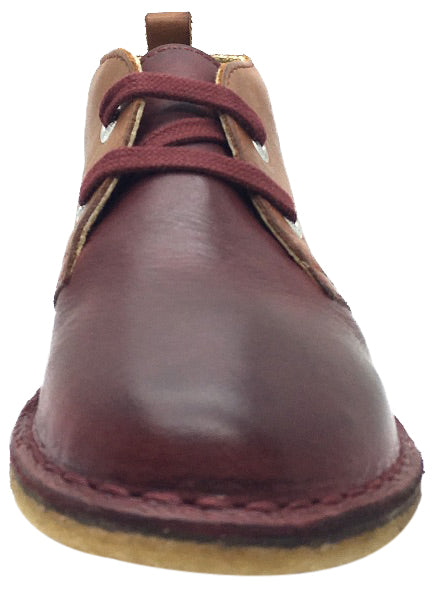 Naturino Boy's 9214 Maroon Brown Tan Smooth Leather Dual Colored Distressed Classic Lace Up Ankle Boot