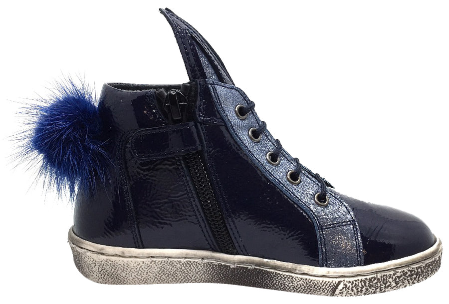 Zubii Girl's Navy Patent Leather Bunny High Top Sneaker with Distressed Sole