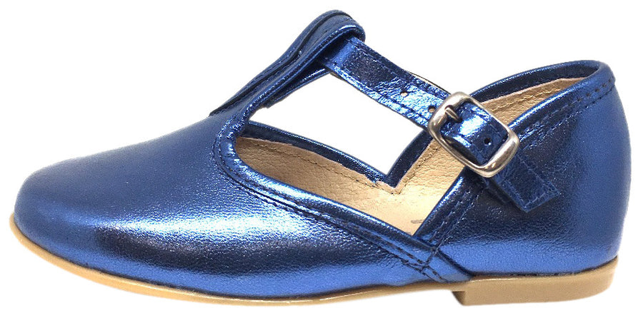 Hoo Shoes Chloe's Bright Cobalt Blue Metallic T-Strap Adjustable Buckle Mary Jane Flats