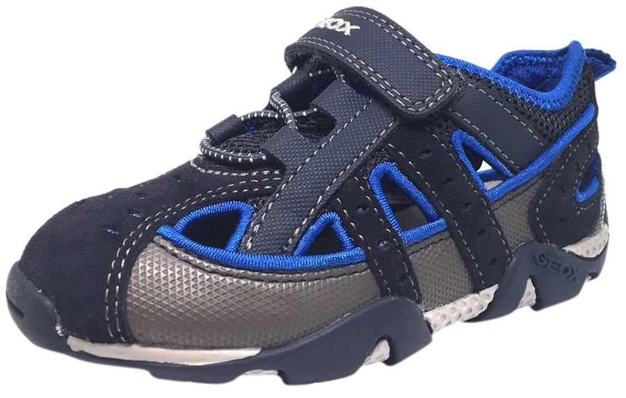 Geox Boy's Aragon Navy & Royal Blue Single Hook and Loop Strap Closed Toe with Bumper and Elastic Lace Sandal