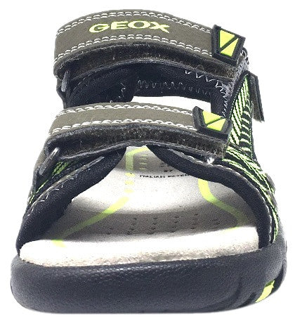 Geox Boy's Pianeta Military Green & Lime Single Hook and Loop Strap Open Toe Sandal