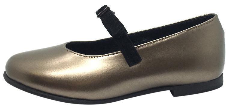 Luccini Girl's Gold Smooth Leather Mary Jane Flats with Suede Buckle Hook and Loop Strap