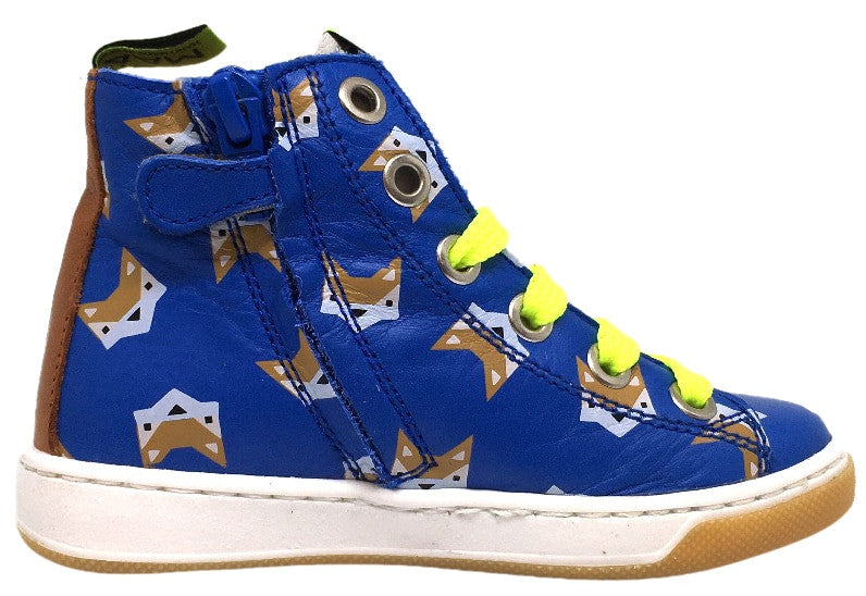 MAA Boy's and Girl's Blue Leather Fox Print Lace Up High Top Sneakers