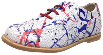 Manuela de Juan Girl's & Boy's British White Camara Red Blue Leather Mosaic Paint Lace Up Oxford Shoe