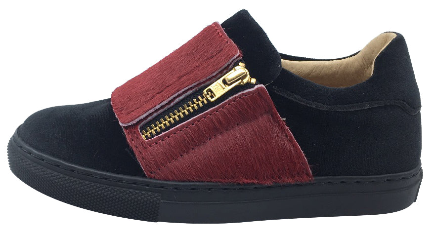 Fascani Boy's and Girl's Side Zip Slip-On Sneaker Shoes, Black Velvet/Red Pony Hair