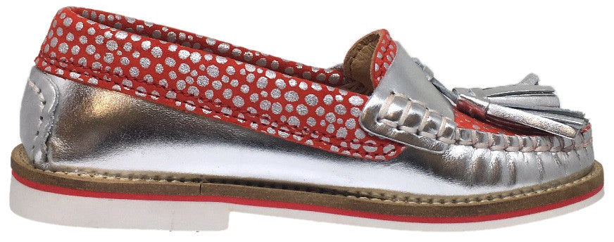 Fascani Girl's and Boy's Metallic Silver Leather Red Polka Dot Tassel Stitching Detail Slip On Loafer Moccasin
