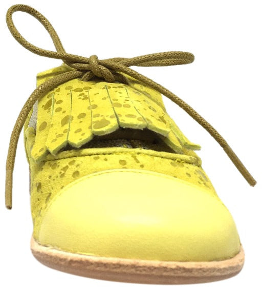 Manuela de Juan Boy's & Girl's Diana Lemon Odessa Yellow Leather Tassel Fringe Polka Dot Lace Up Oxford Shoe