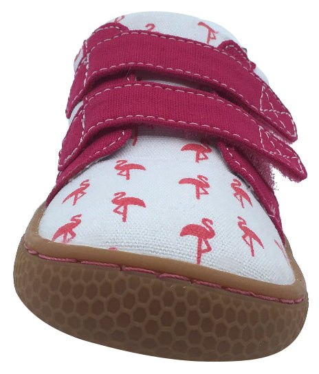 Livie & Luca Girl's Peppy Flamingo Printed White Textile Mary Jane with Double Hook and Loop Straps Flat Shoe