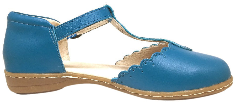Livie & Luca Girl's Azure Blue Fresca Scalloped Leather Trim T-Strap Adjustable Buckle Mary Jane Flat Shoe