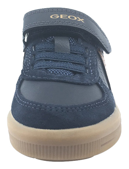 Geox Boy's J Arzach Double Velcro Hook and Loop Sneaker Shoes, Navy/Brown