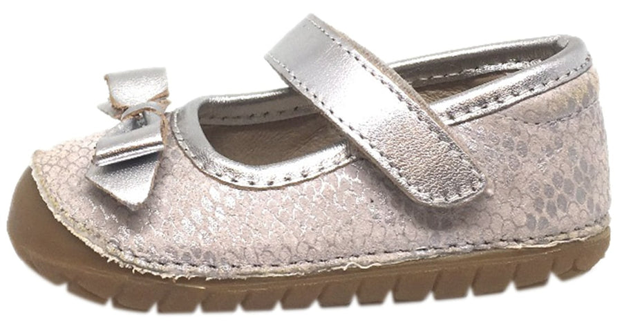 Old Soles Girl's Pave Gabs Jane Python Silver Leather Hook and Loop Bow Mary Jane Walking Shoe