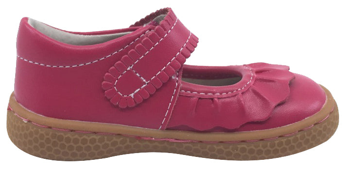Livie & Luca Girl's Ruche Ruffled Hot Pink Smooth Leather Mary Jane with Hook and Loop Strap Flat Shoe