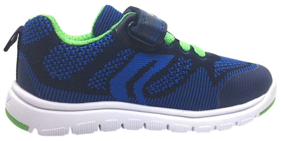 Geox Boy's Xunday Navy Blue Green Lightweight Textile Hook and Loop Strap Elastic Lace Sporty Low Top Breathable Sneaker