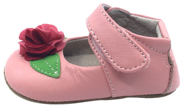 Livie & Luca Girl's Rosa Light Pink Smooth Leather Felt Flower Bud Hook and Loop Mary Jane Shoe