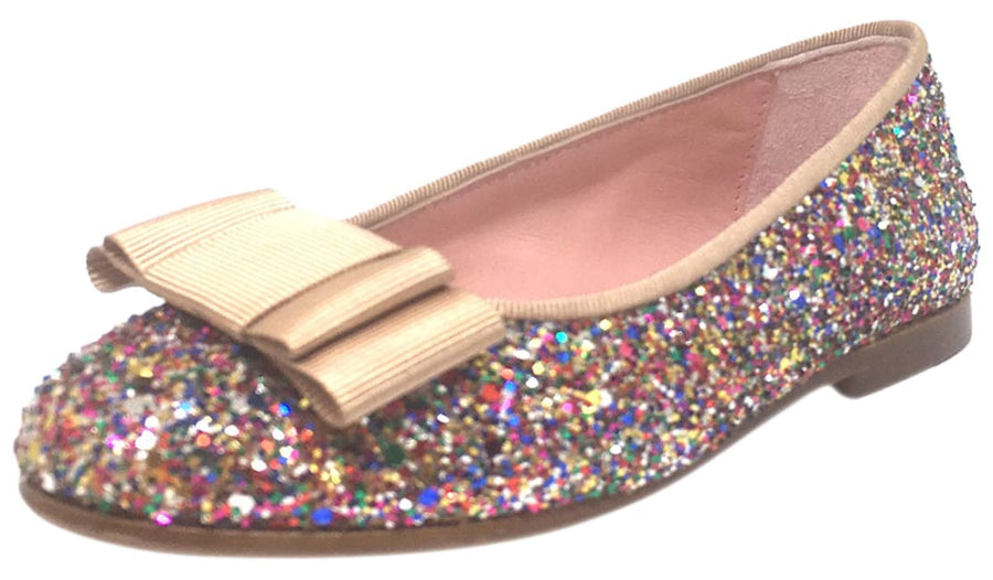 Chupetin 9336 Rainbow Sparkle Glitter Tan Bow Slip On Ballerina Ballet Flats