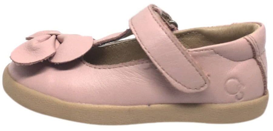Old Soles Girl's T-Bow Powder Pink Leather Hook and Loop T-Strap Floral Bow Mary Jane Flat Shoe
