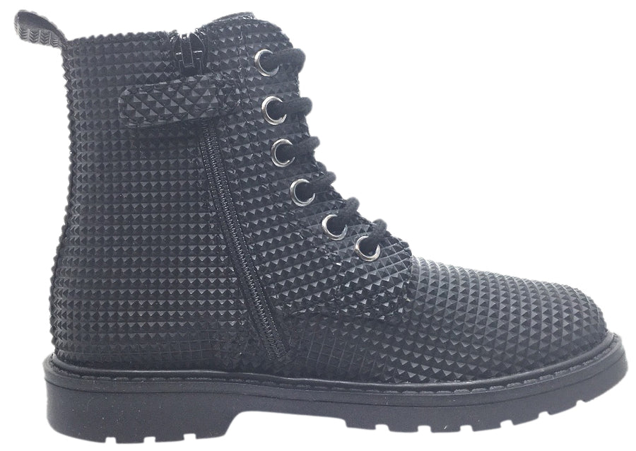Naturino Girl's and Boy's Black Geometric 3D Leather Combat Laced Boot with Zipper