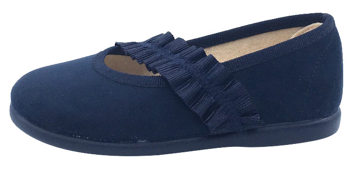ChildrenChic Girl's Frilly Elastic Mary Jane, Navy Blue Suede