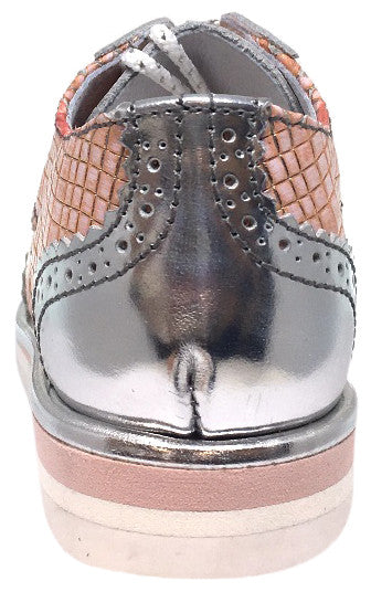Hoo Shoes Girl's Chloe's Wing Tip Rose Gold Metallic Checkered Pattern Bright Lace Up Oxford Platform Shoes