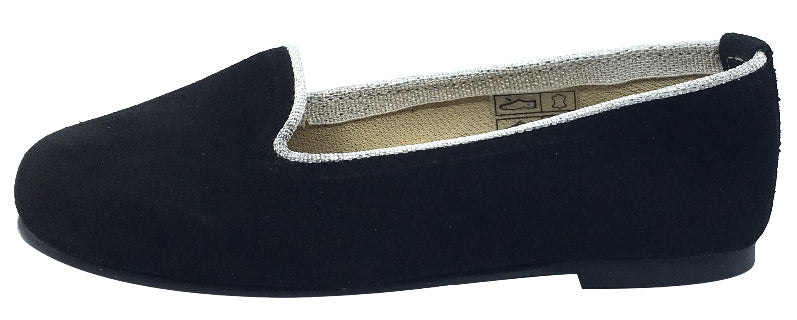 ChildrenChic Girl's Ballet Flat, Black Suede with Silver Piping Trim