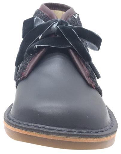 Luccini Girl's Grey Leather & Wool Lace Up Ankle Boots with Maroon Trim